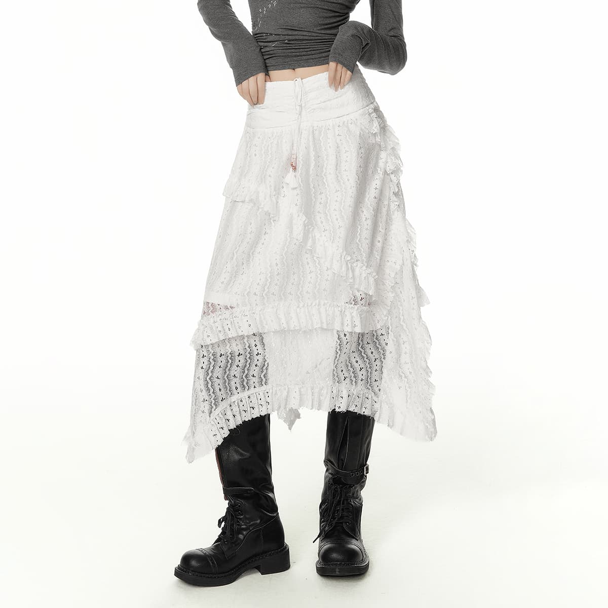 白スカート レイヤード重ねレース ミディ丈スカート