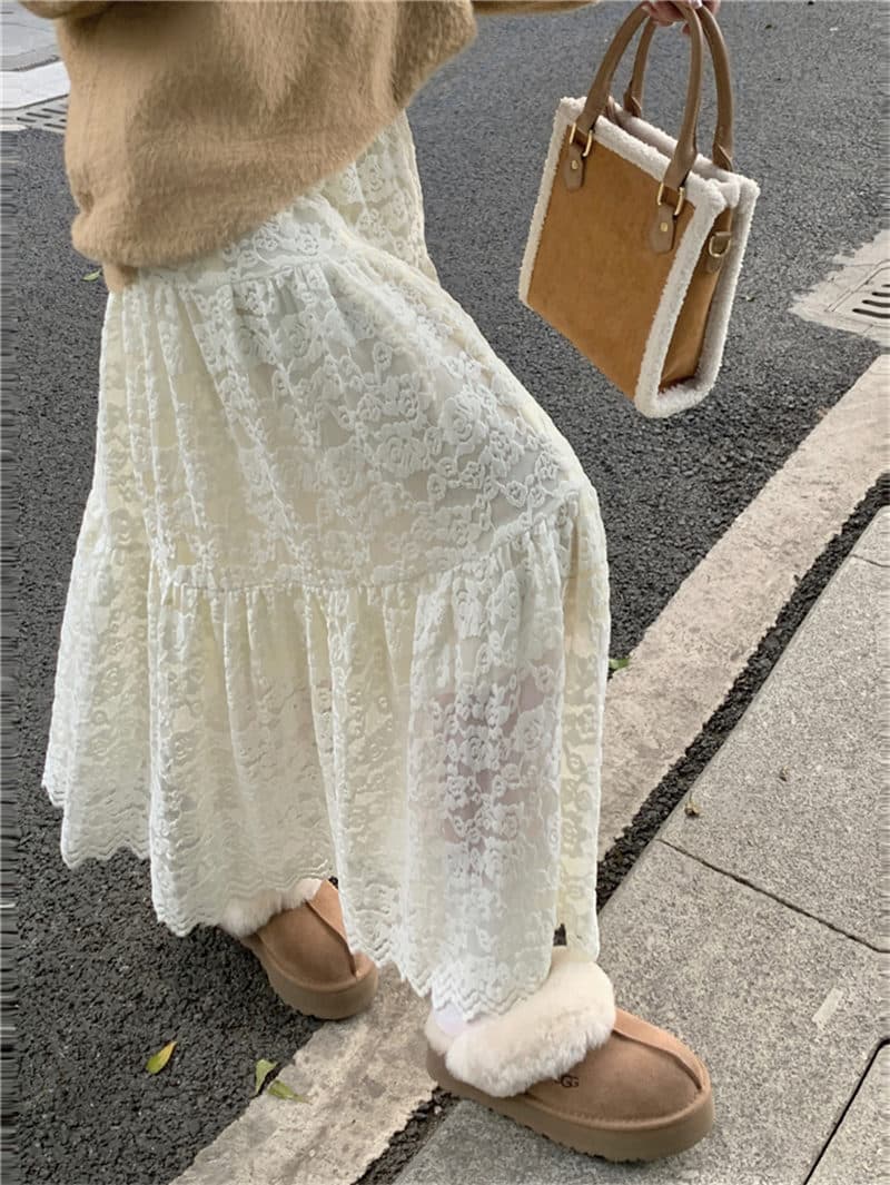 白スカート 韓国風レース白ロングスカート裏起毛エレガント
