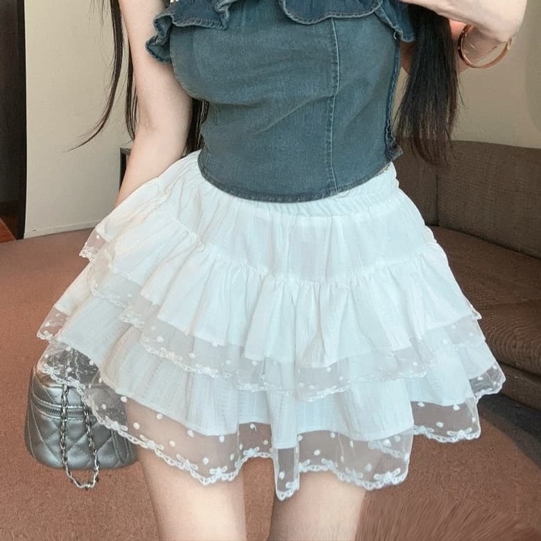 白スカート フリル重ね レースミニスカート