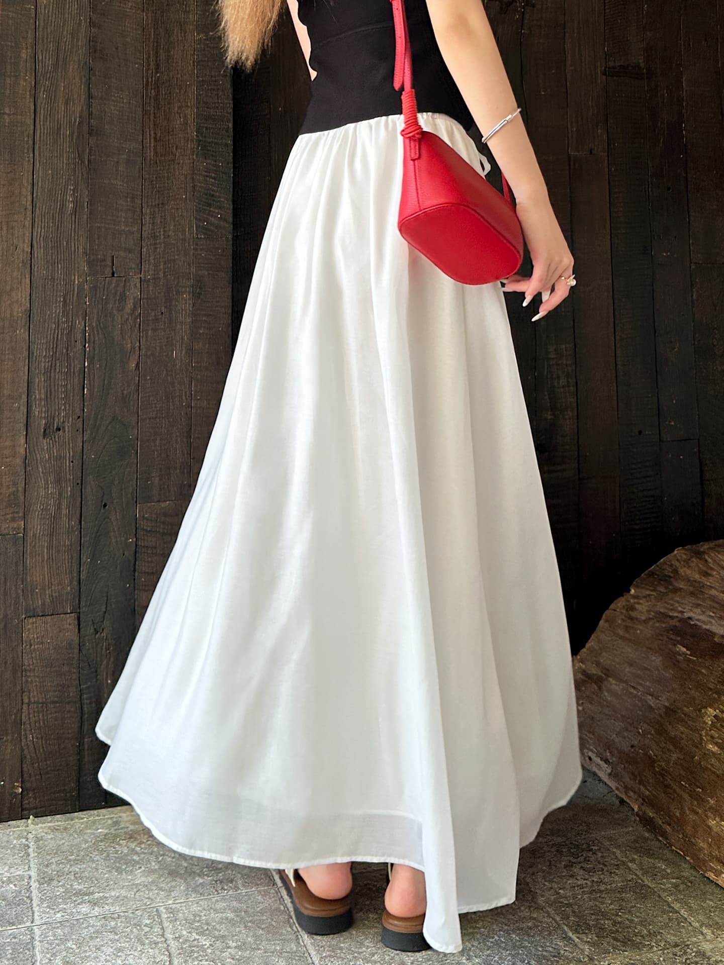 白スカート サテンロングフレアスカート