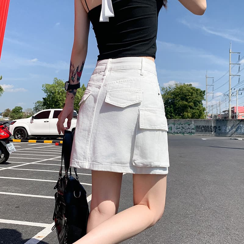 白スカート タイトカーゴポケット付きミニスカート