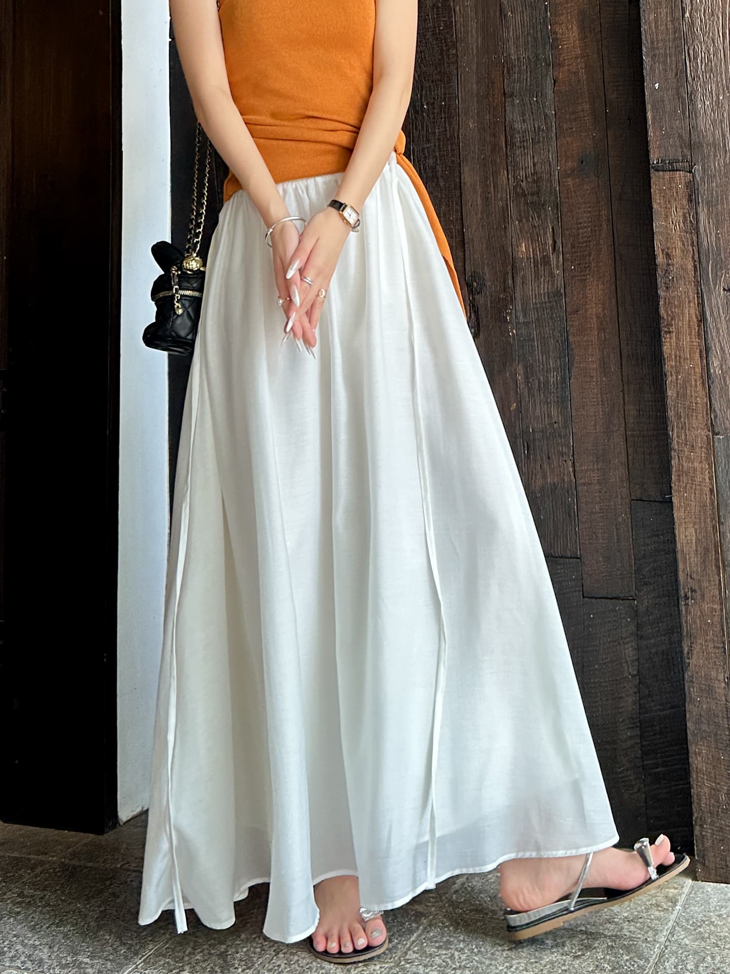 白スカート サテンロングフレアスカート