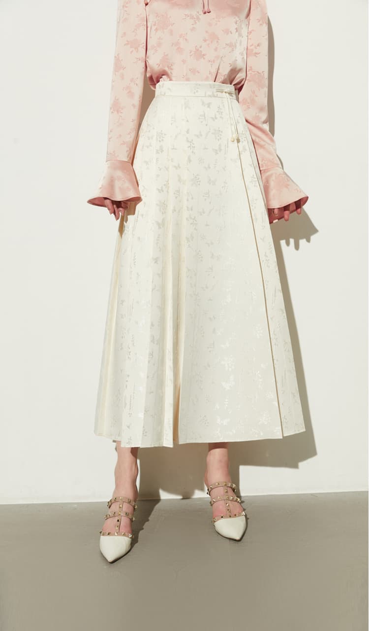 白スカート 優美な花柄ジャガードロングプリーツスカート