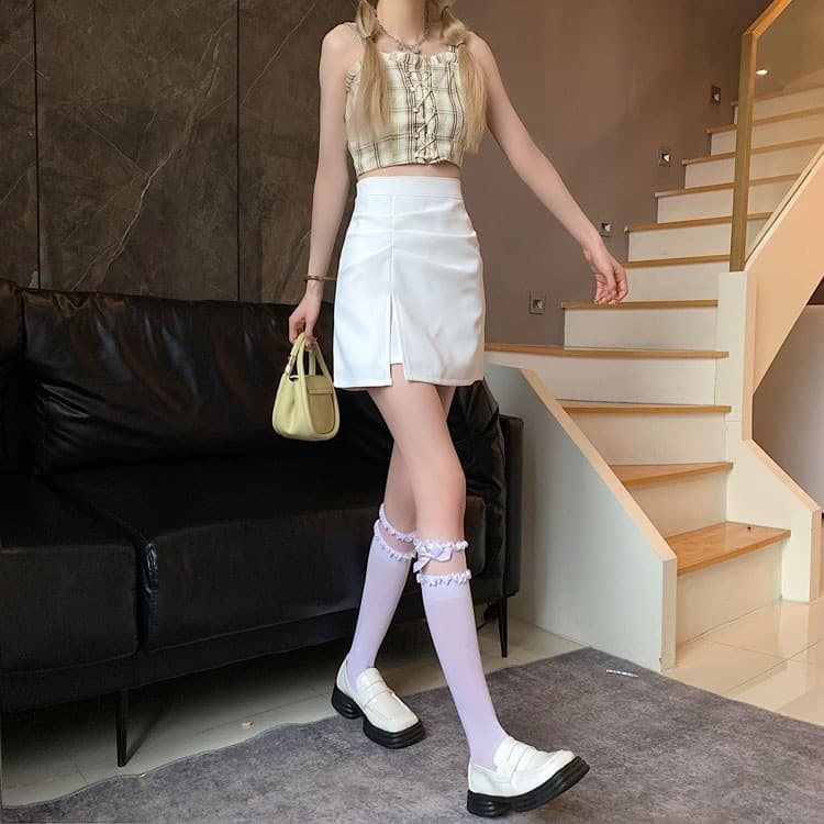 白スカート スリットデザイン台形ミニスカート