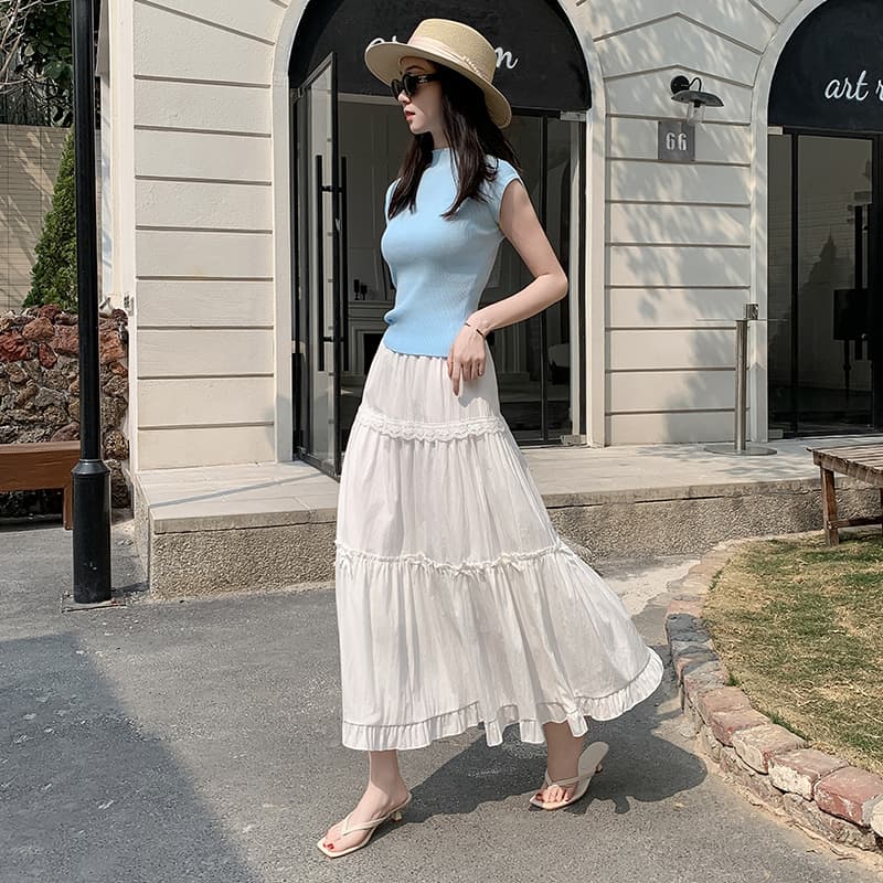 白スカート フレアシフォンロングスカート