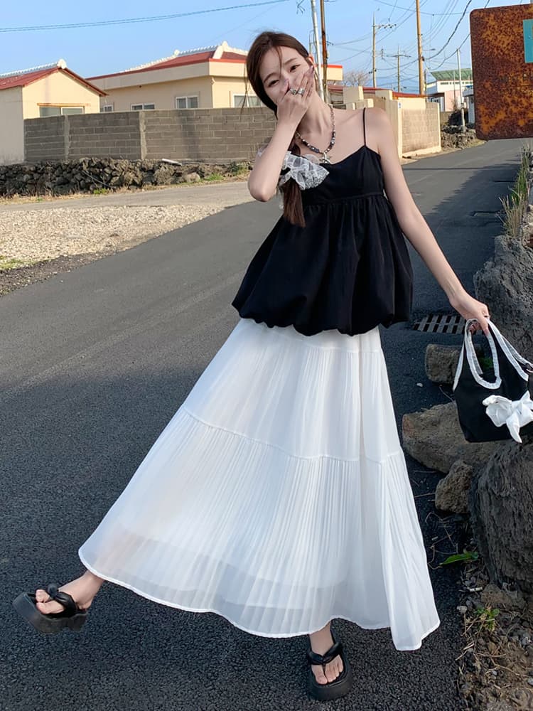 白スカート 優美なティアードプリーツロングスカート