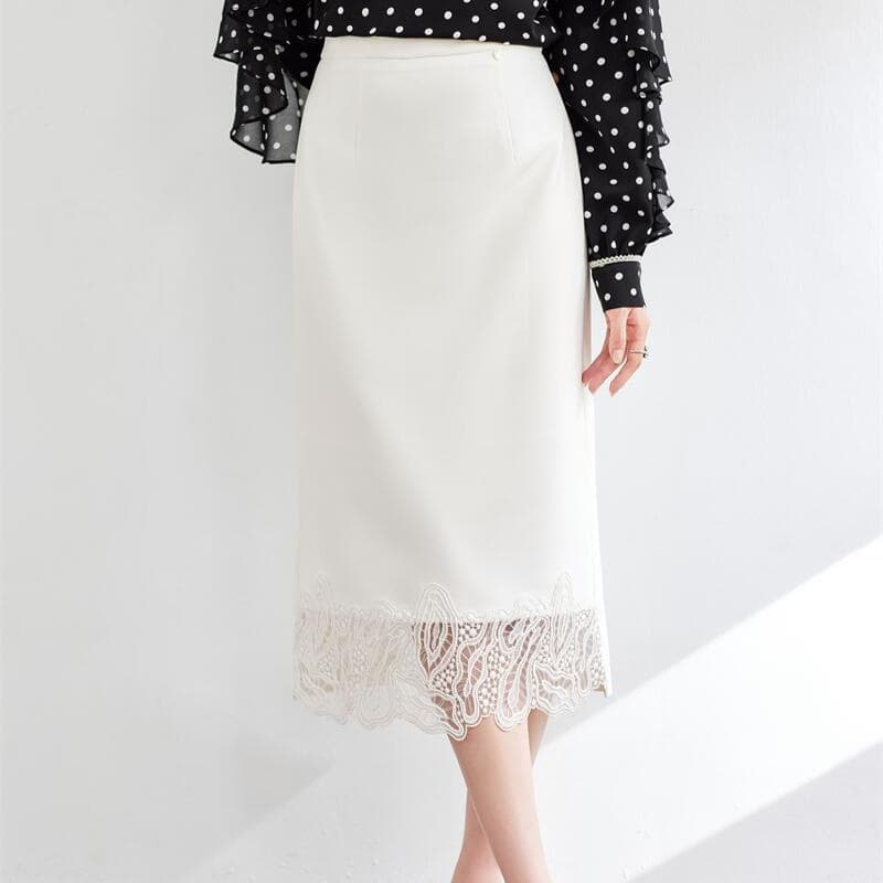白スカート 裾レース付きペンシルスカート
