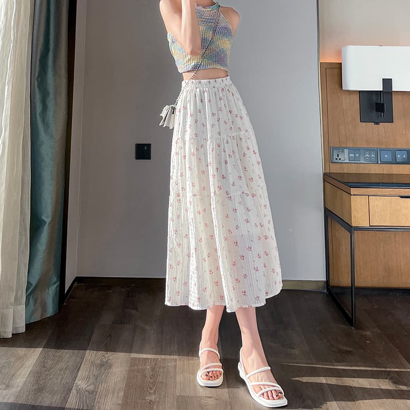 白スカート 小花柄プリーツロングスカート