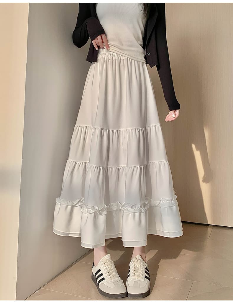 白スカート ふんわりティアードマキシスカート