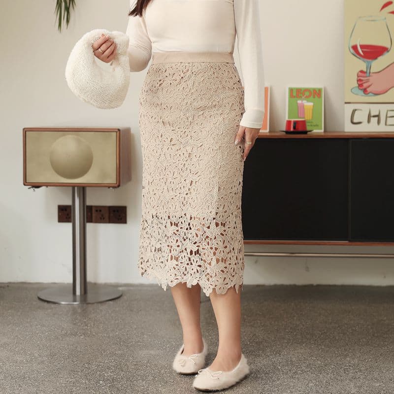 白スカート 花柄レース タイトスカート