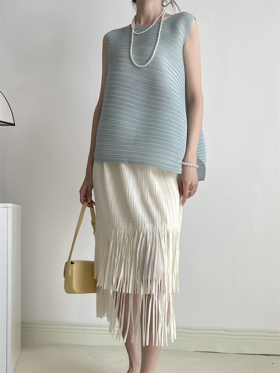 白スカート 流れるフリンジプリーツスカート