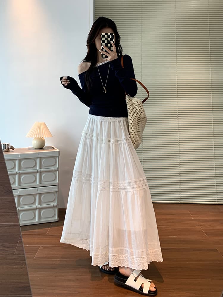 白スカート ティアードレース切替ロングスカート