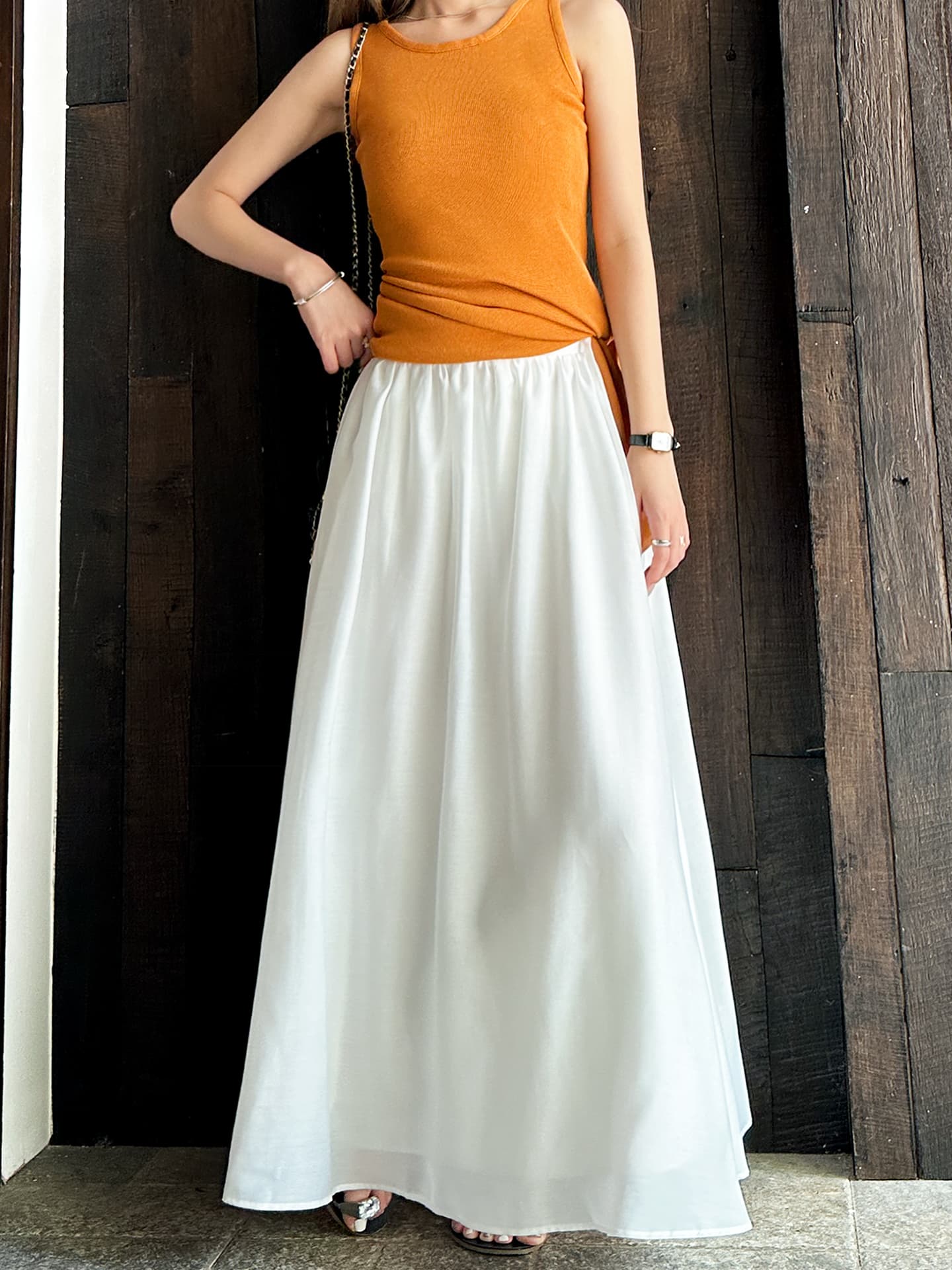 白スカート サテンロングフレアスカート