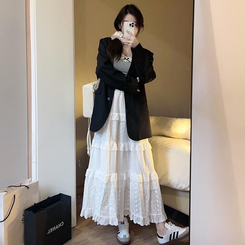 白スカート ふんわりティアードロングスカート