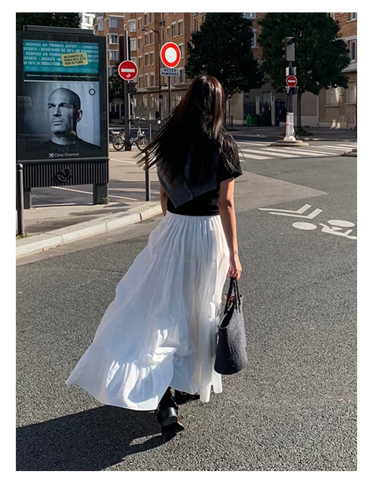 白スカート ティアードプリーツ ロングスカート