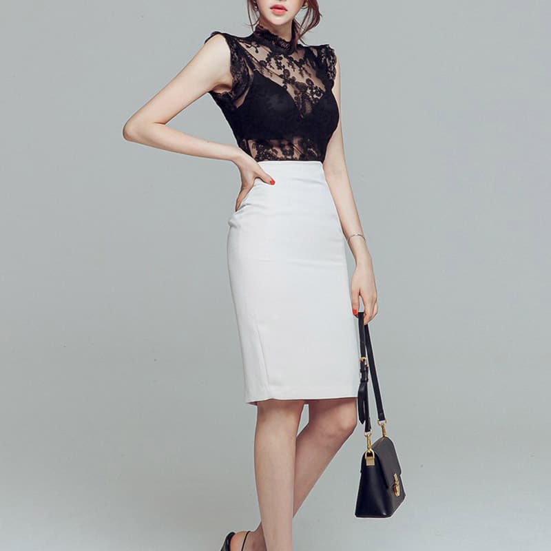 白スカート 上品なレース切替タイトスカート