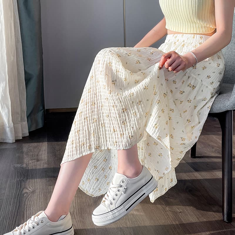 白スカート 小花柄プリーツロングスカート