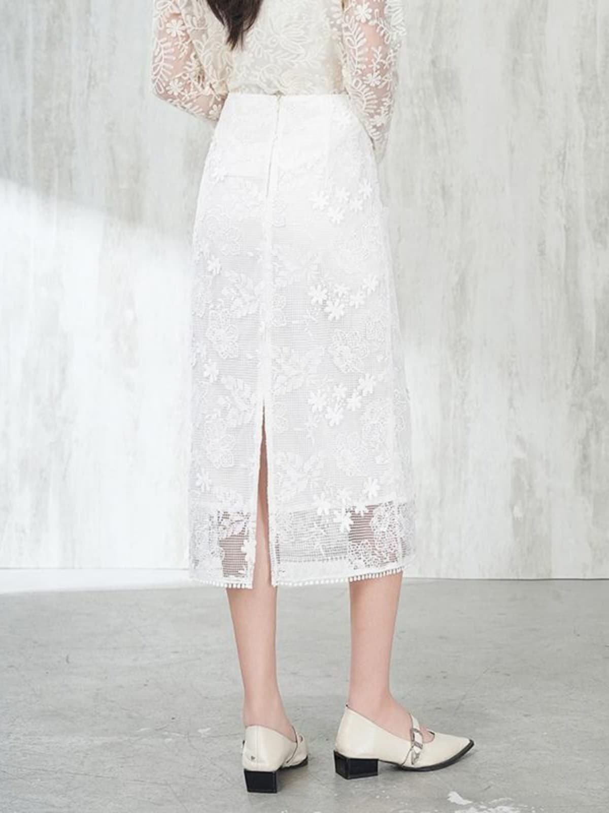白スカート タイト総レース花柄スカート