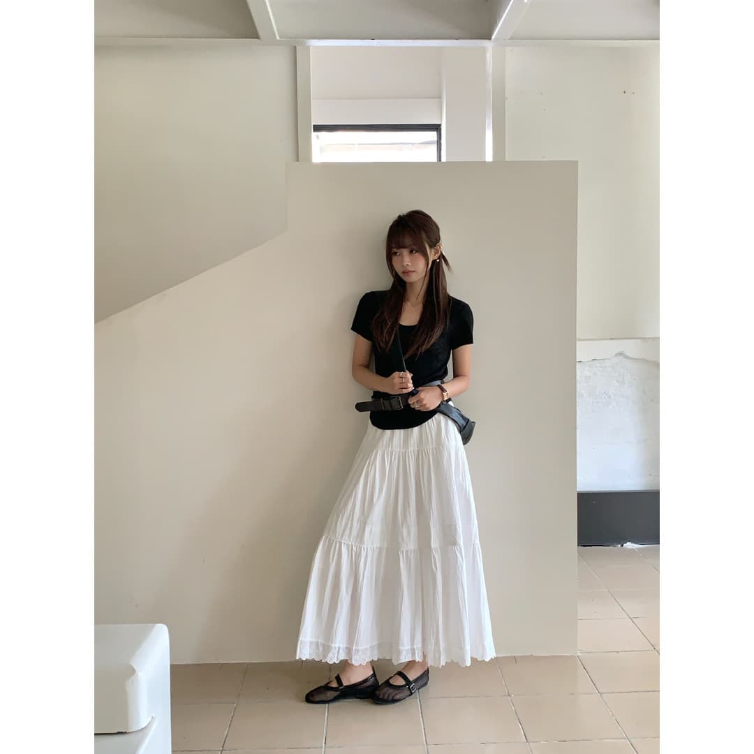 白スカート  ティアード切替えマキシ丈プリーツスカート