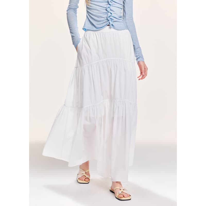 白スカート ティアードロング フレアスカート