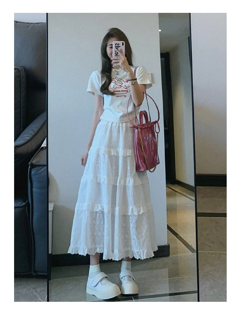 白スカート かぎ針編みティアードフリルスカート