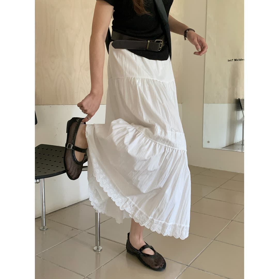 白スカート  ティアード切替えマキシ丈プリーツスカート