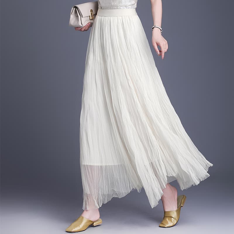白スカート チュール重ね上品ロング丈プリーツスカート