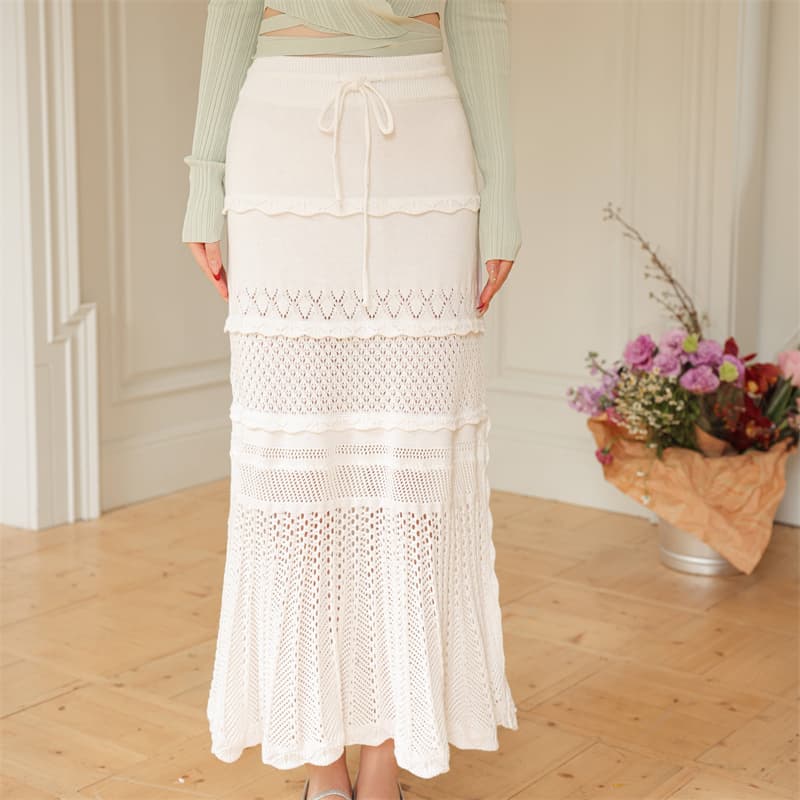 白スカート マーメイド透かし編みニットスカート