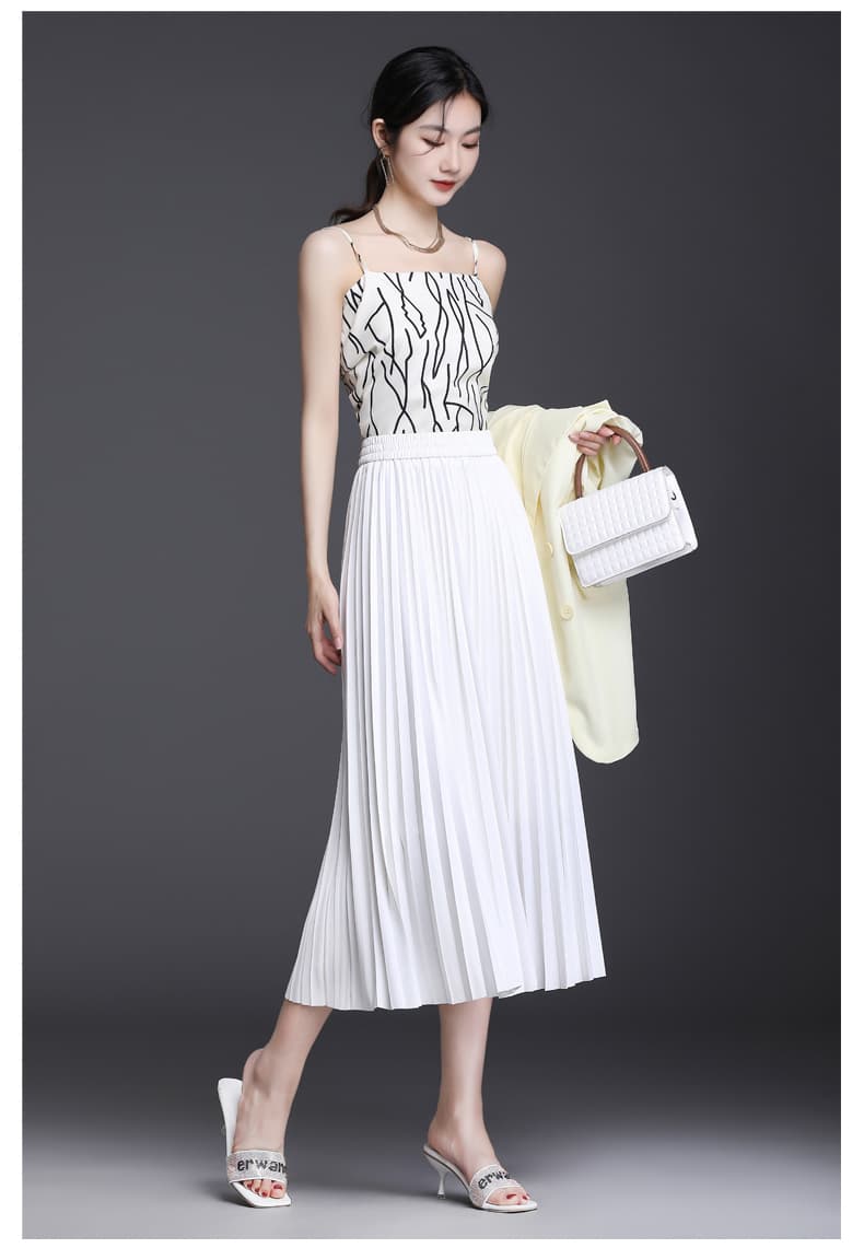 白スカート エレガントプリーツロングスカート