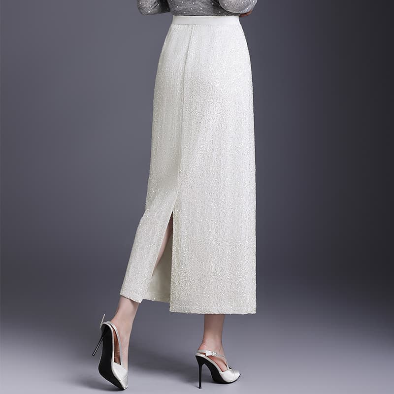白スカート タイト輝きをまとう上品ロングスカート