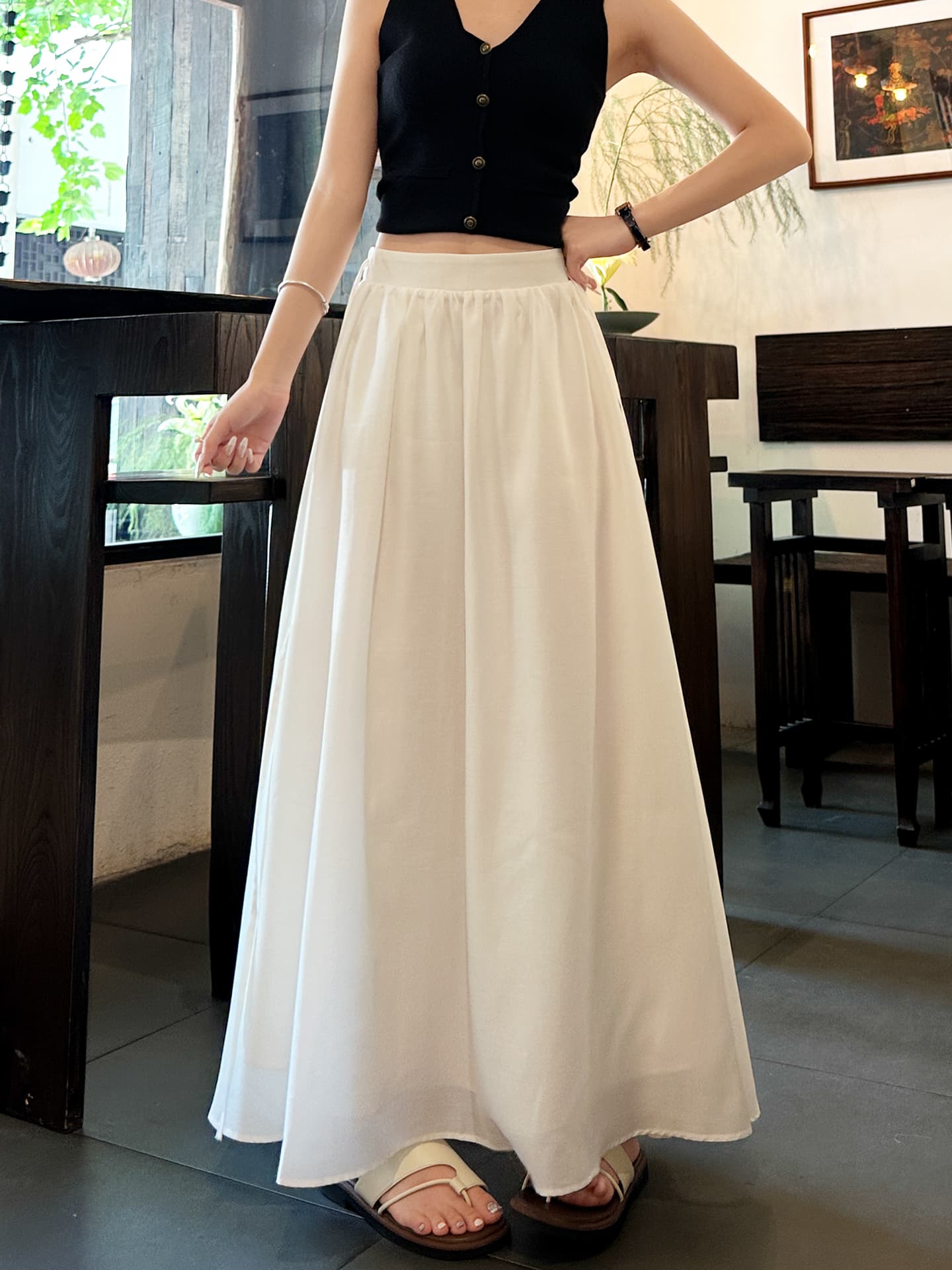 白スカート サテンロングフレアスカート