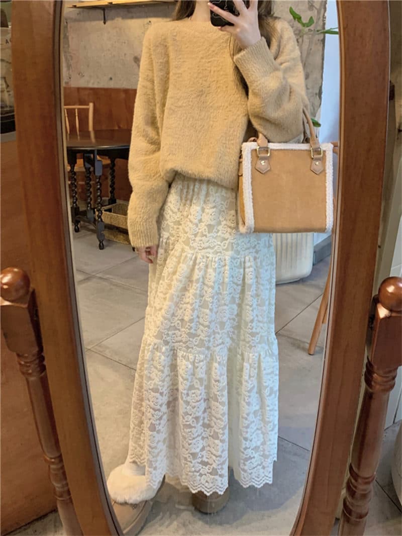 白スカート 韓国風レース白ロングスカート裏起毛エレガント