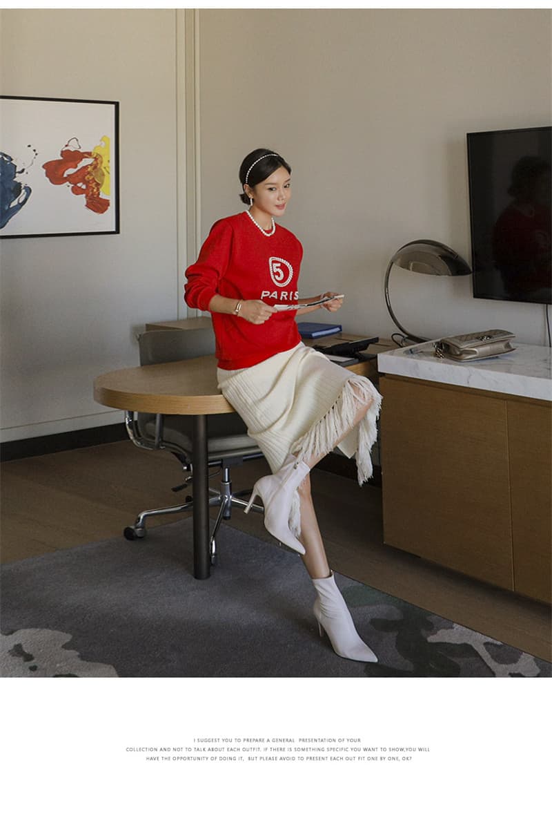 白スカート 秋冬新作 プリーツニット タッセル付き レディーススカート