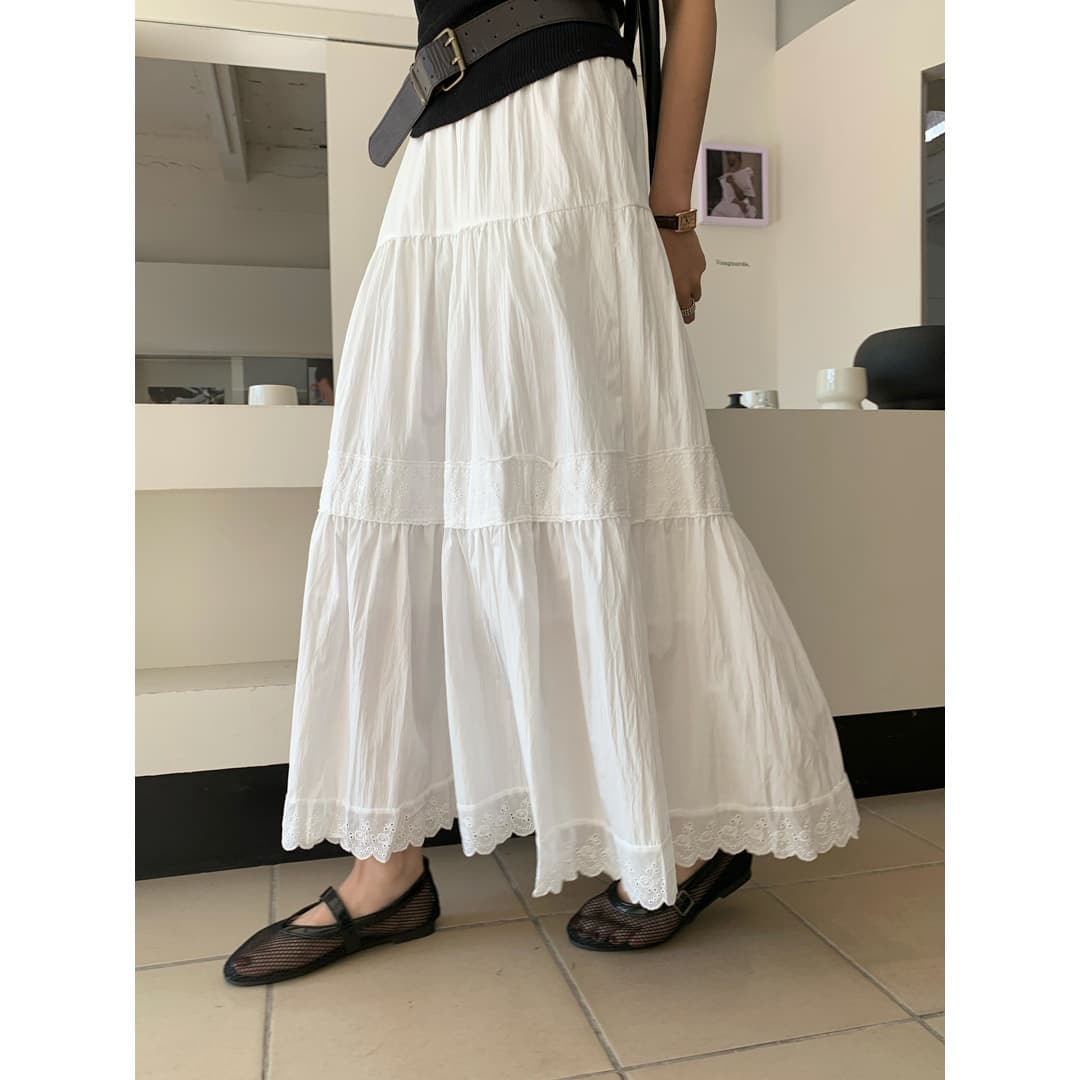白スカート  ティアード切替えマキシ丈プリーツスカート