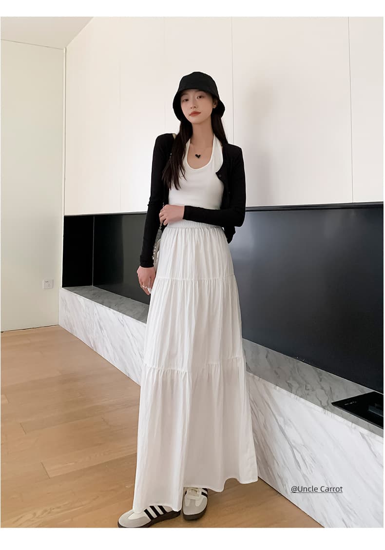 白スカート 優美な揺れ感ティアードマキシスカート