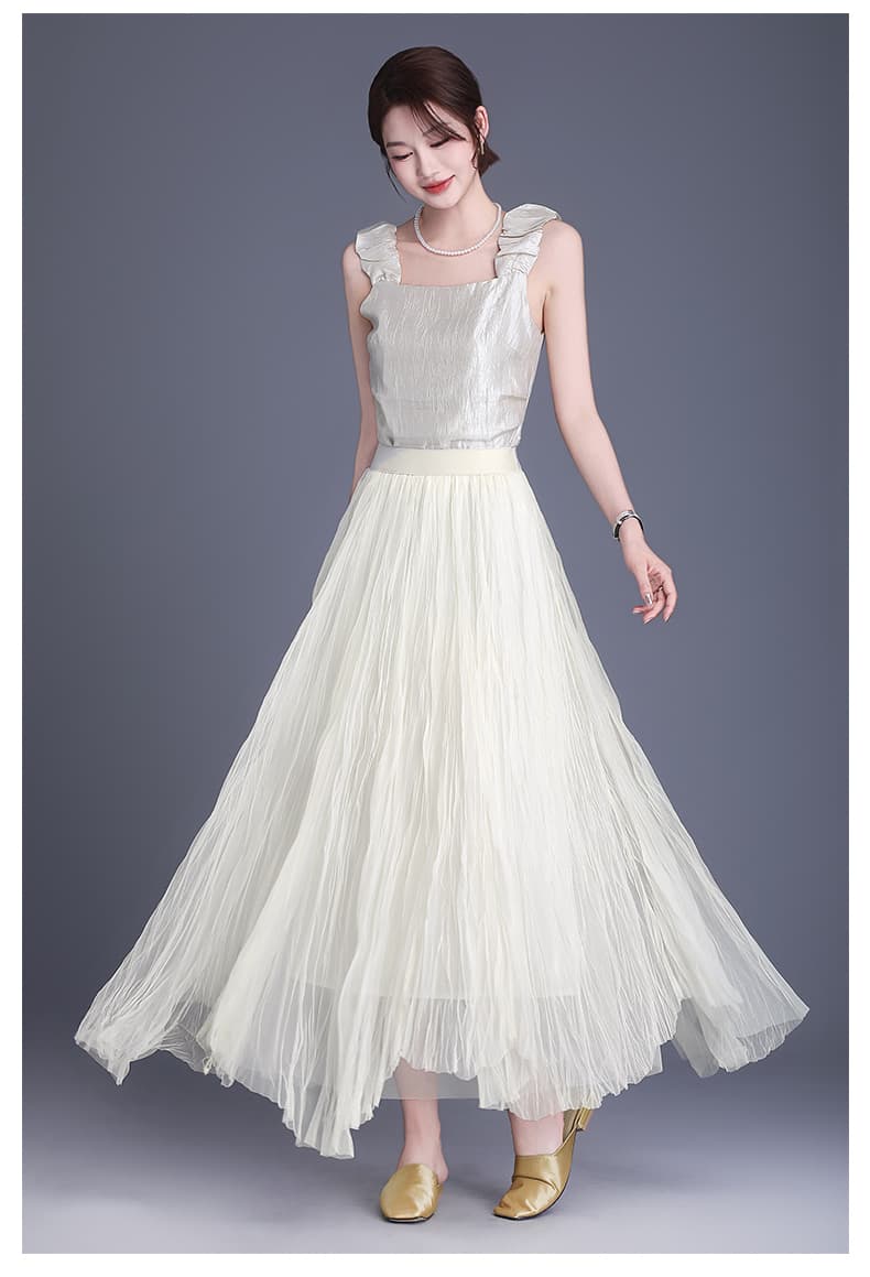 白スカート チュール重ね上品ロング丈プリーツスカート