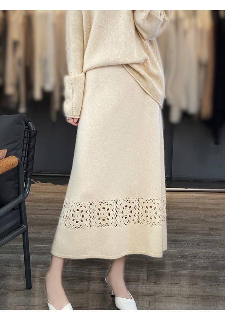 白スカート 透かし編みレース長マキシスカート