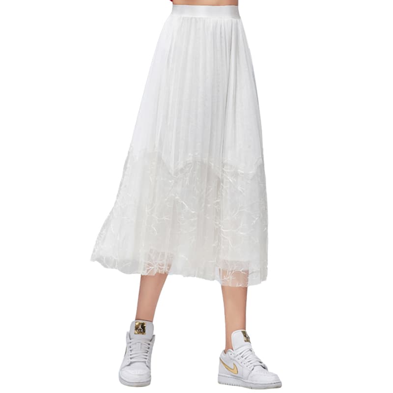 白スカート フレアミモレ丈チュール刺繍スカート