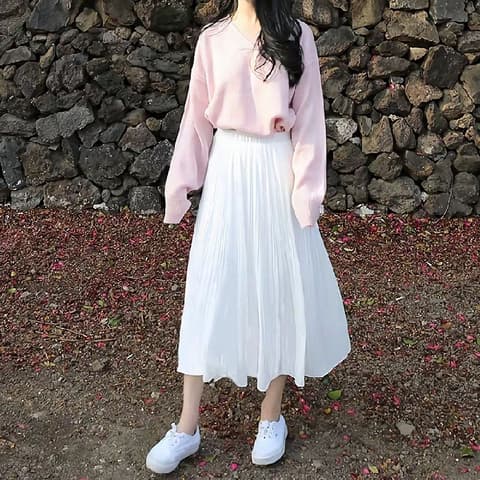 白スカート なめらかプリーツロングスカート