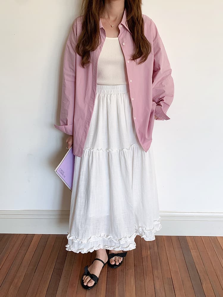 白スカート  ティアードフリルロング綿麻スカート
