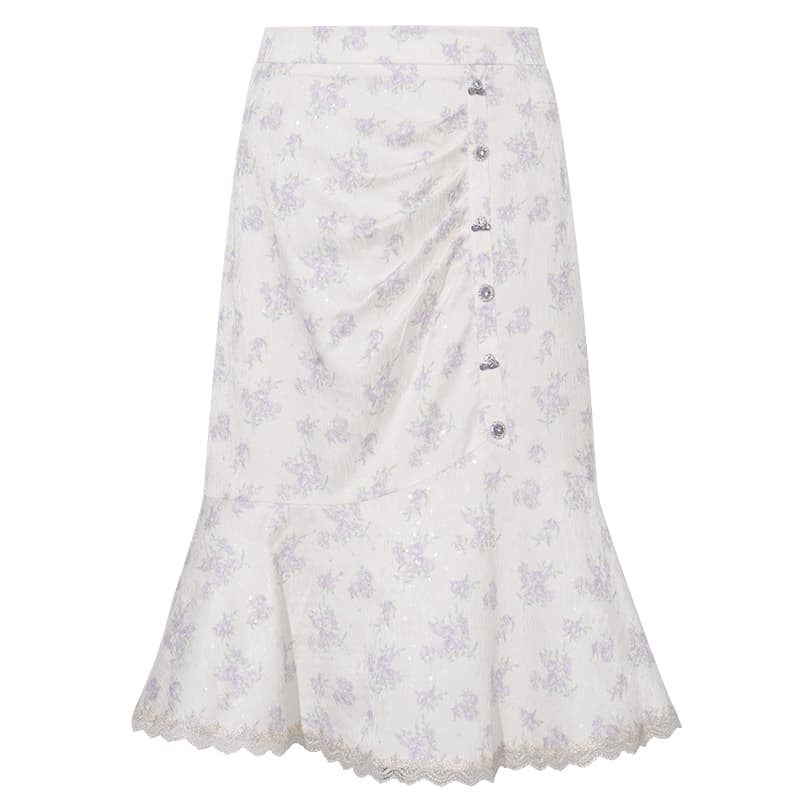 白スカート マーメイド 花柄レース裾スカート