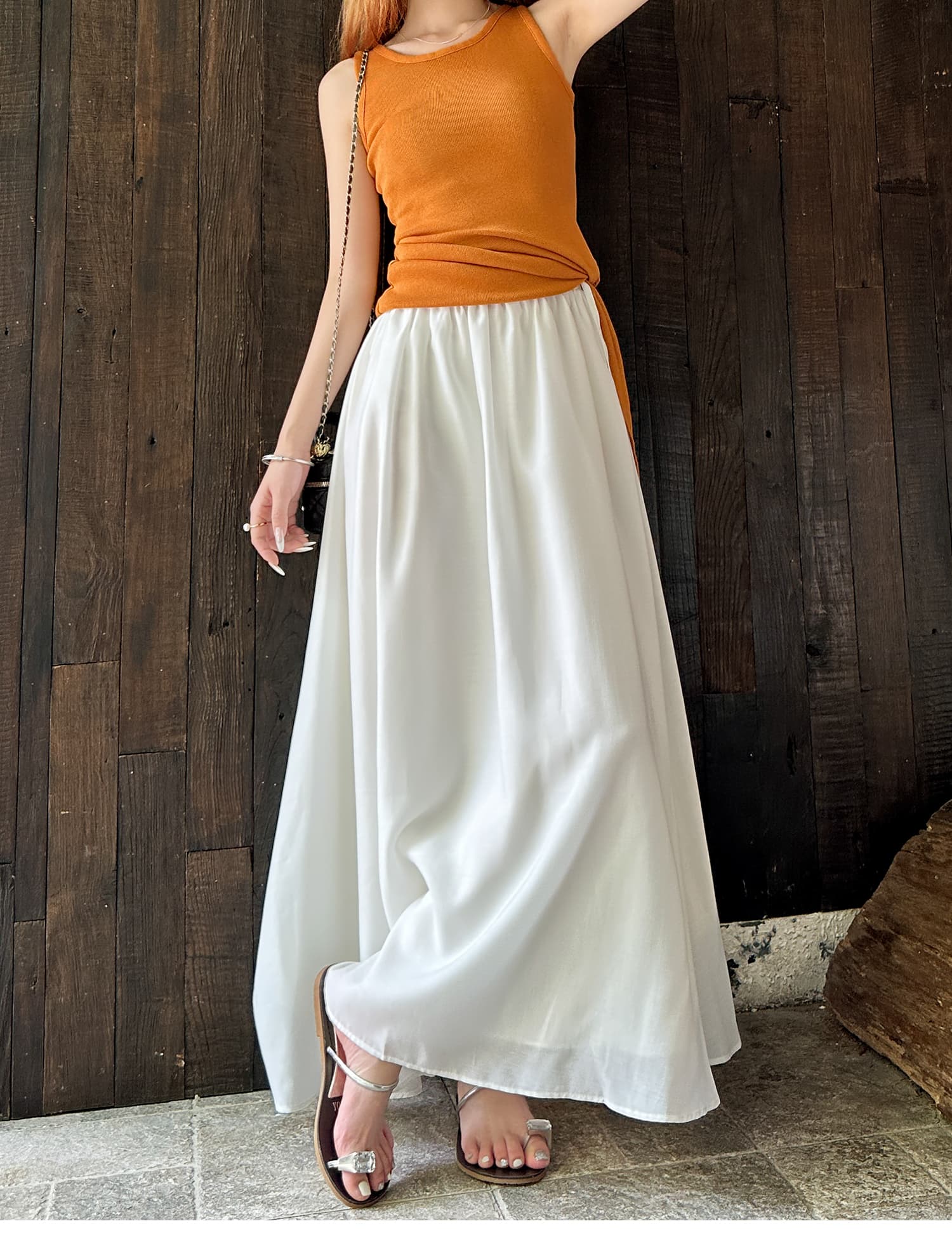 白スカート サテンロングフレアスカート