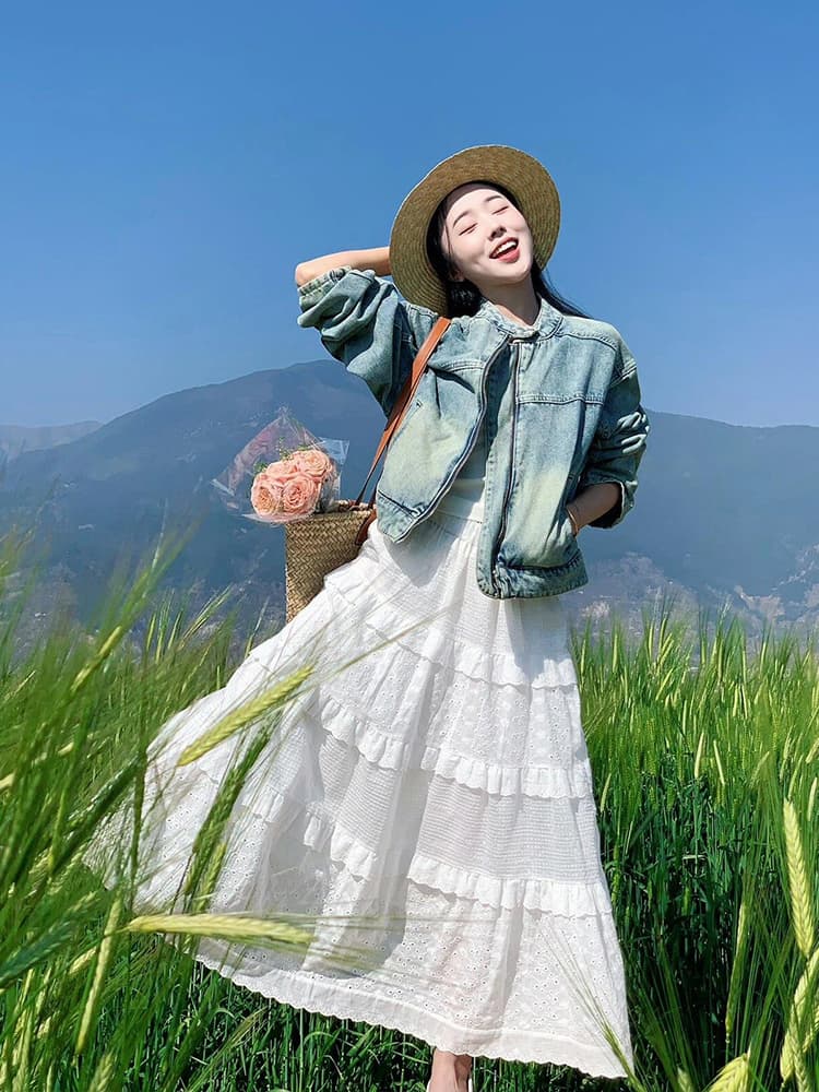 白スカート ふんわりティアードロングスカート