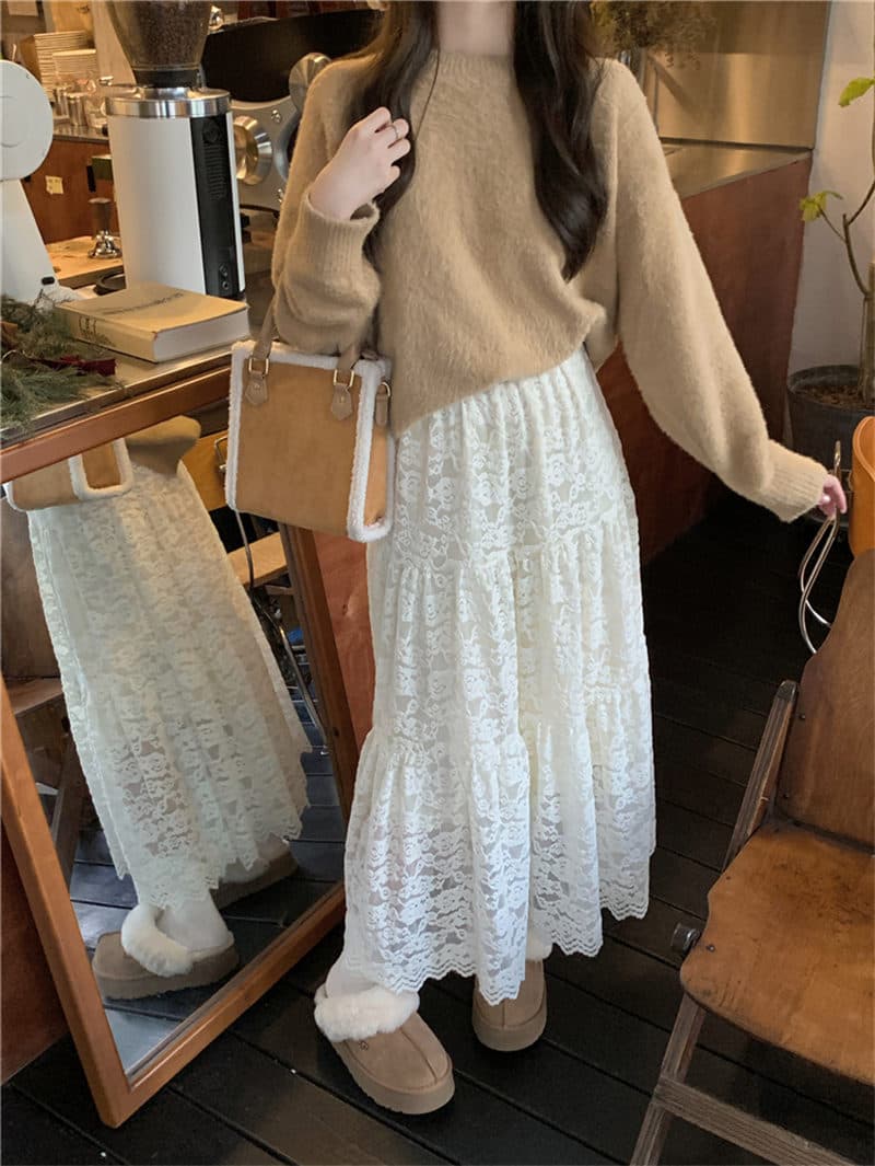 白スカート 韓国風レース白ロングスカート裏起毛エレガント