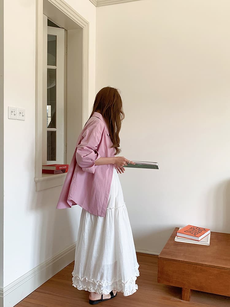 白スカート  ティアードフリルロング綿麻スカート