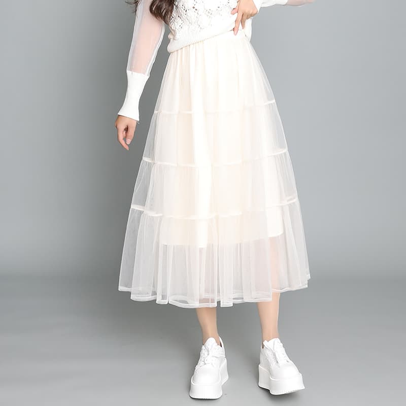 白スカート フレアチュールレイヤードスカート