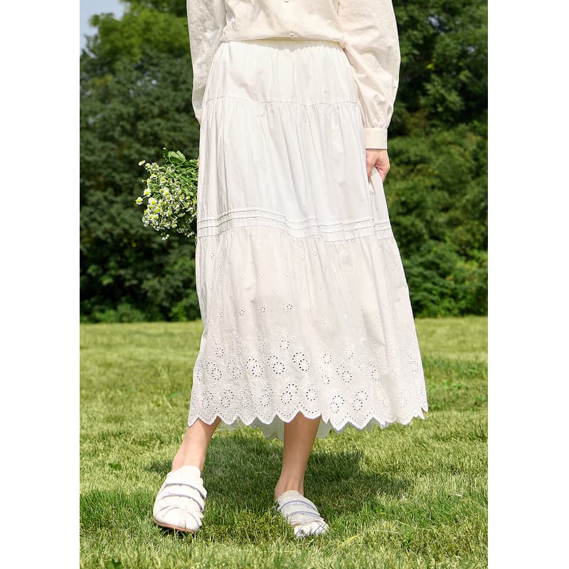 白スカート 刺繍レース ティアードスカート