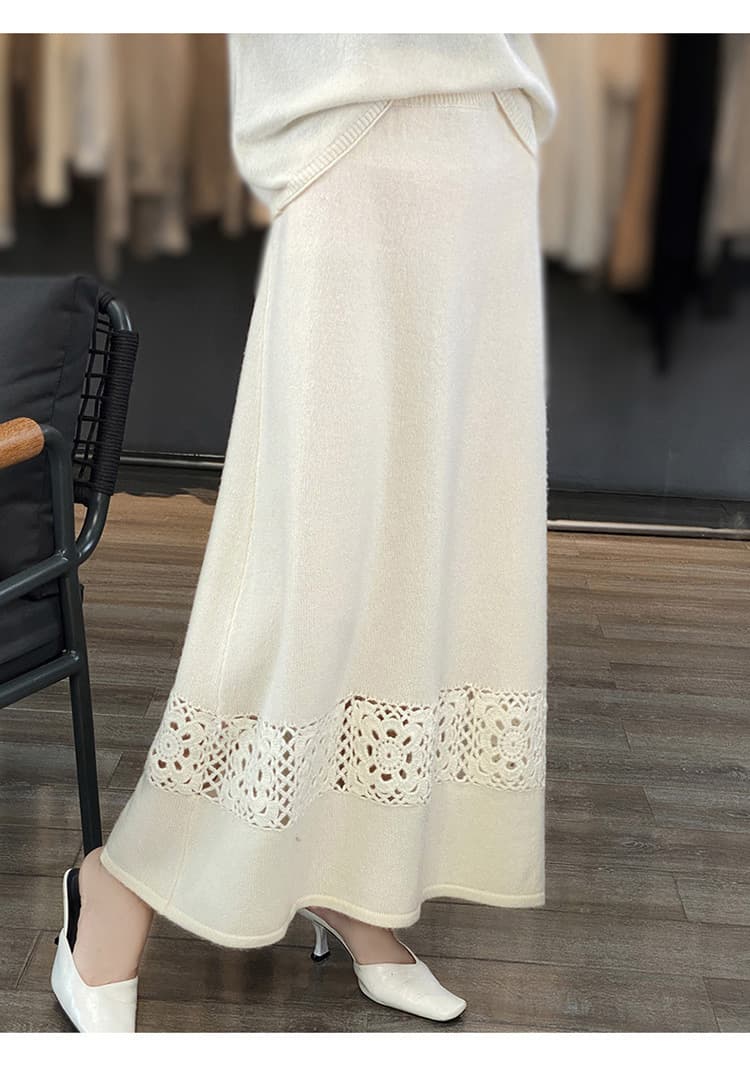 白スカート 透かし編みレース長マキシスカート
