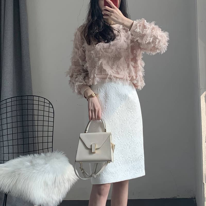 白スカート 上品な花柄レース織りタイトスカート