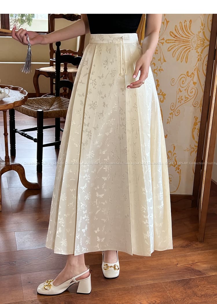 白スカート 優美な花柄ジャガードロングプリーツスカート